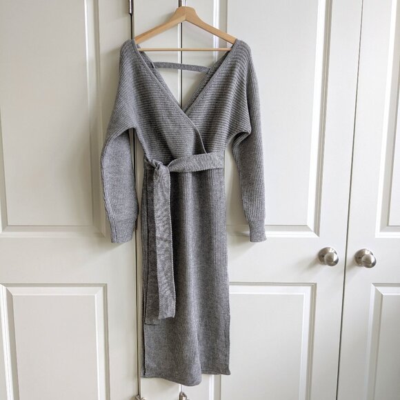 SHEIN Dresses & Skirts - NWT Shein Frenchy Sweater Dress L Gray Chunky Knit Deep V Neck Side Slits Comfy